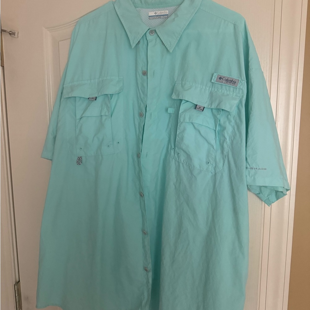 Columbia PFG Mens Short Sleeve Button Down Shirt 2XL XXL Mint Green Tactel Nylon